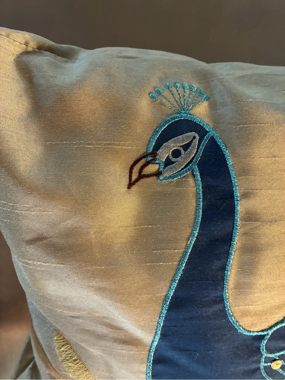 Peacock Decorative Pillow - Teal & Gold Vibrant Peacock Bird Colors Embroidered